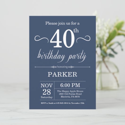 40th Birthday Invitation Blue Kaart (Staand voorkant)