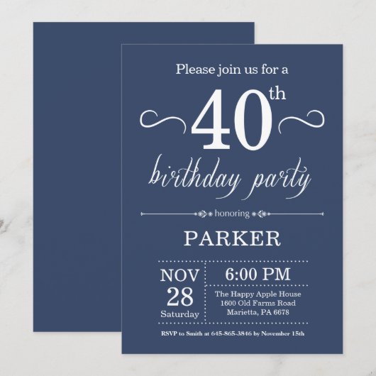 40th Birthday Invitation Blue Kaart (Voorkant / Achterkant)