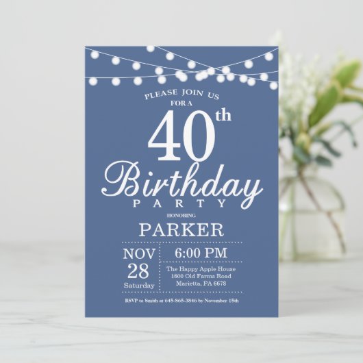 40th Birthday Invitation Blue Kaart (Staand voorkant)