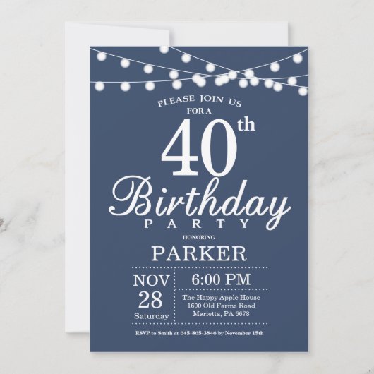 40th Birthday Invitation Blue Kaart (Voorkant)