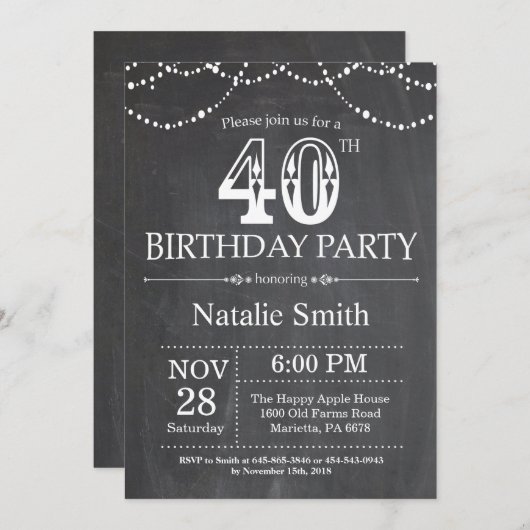 40th Birthday Invitation Chalkboard String Lights Kaart (Voorkant / Achterkant)