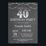 40th Birthday Invitation Chalkboard String Lights Kaart<br><div class="desc">40e verjaardag Uitnodiging met zwarte en witte achtergrond van het alkboard. Koord lichten. Volwassen verjaardag. Mannelijke Mannen of vrouwen: Birthday. Voor verdere aanpassing,  te klikken gelieve de knoop "van de Aanpassing het"en ons ontwerphulpmiddel te gebruiken om deze sjabloon te wijzigen.</div>