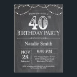 40th Birthday Invitation Chalkboard String Lights Kaart<br><div class="desc">40e verjaardag Uitnodiging met zwarte en witte achtergrond van het alkboard. Koord lichten. Volwassen verjaardag. Mannelijke Mannen of vrouwen: Birthday. Voor verdere aanpassing,  te klikken gelieve de knoop "van de Aanpassing het"en ons ontwerphulpmiddel te gebruiken om deze sjabloon te wijzigen.</div>