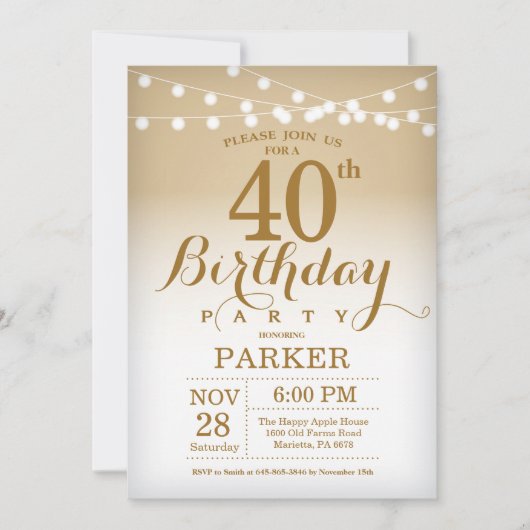 40th Birthday Invitation Gold String Lights Kaart (Voorkant)