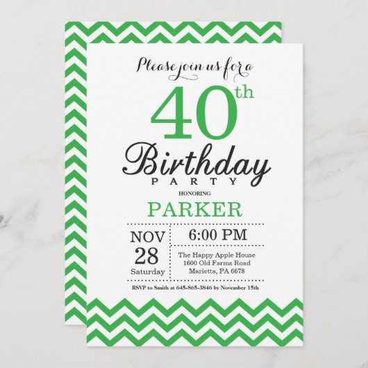 40th Birthday Invitation Green Chevron Kaart (Voorkant / Achterkant)