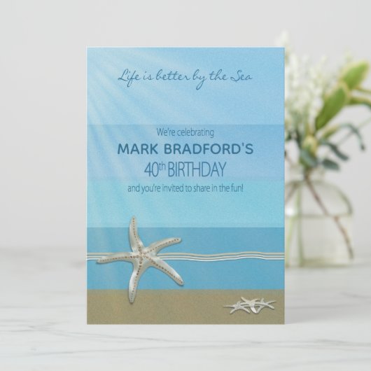 40th Birthday Invitation, Ocean, Starfish, Name Kaart (Staand voorkant)