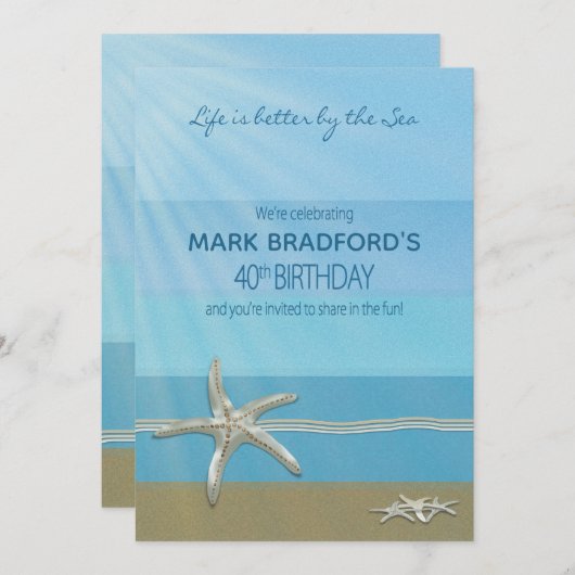 40th Birthday Invitation, Ocean, Starfish, Name Kaart (Voorkant / Achterkant)