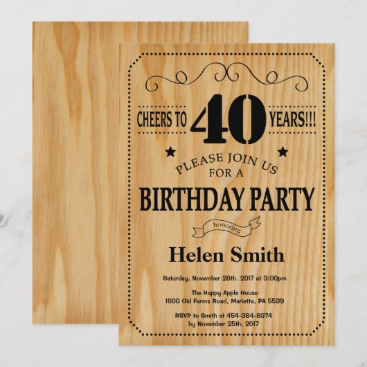 40th Birthday Invitation Rustic Wood Kaart (Voorkant / Achterkant)