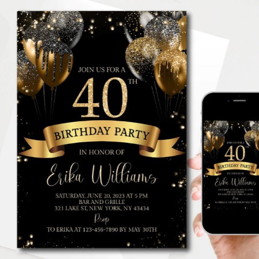 40th Birthday Invitation Template: Black Gold Ball Kaart