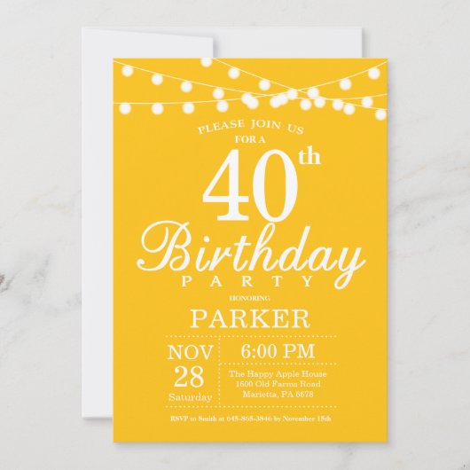 40th Birthday Invitation Yellow Kaart (Voorkant)