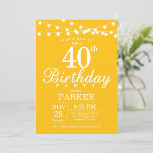 40th Birthday Invitation Yellow Kaart (Staand voorkant)