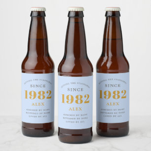 40th Birthday Name 1982 Blue Grey Elegant Chic Bier Etiket