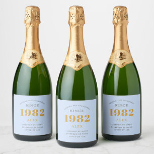40th Birthday Name 1982 Blue Grey Elegant Chic Sparkling Wijnetiket