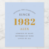 40th Birthday Name 1982 Blue Grey Elegant Chic Wijn Etiket (Enkel label)
