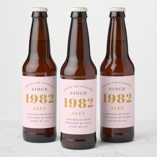 40th Birthday Name 1982 Pink Grey Elegant Chic Bier Etiket (Flessen)