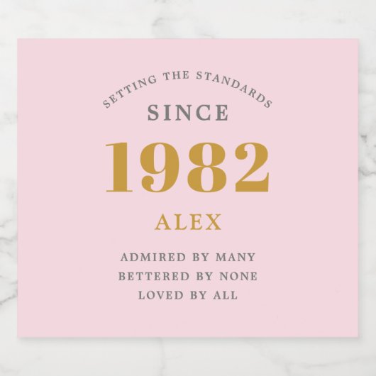 40th Birthday Name 1982 Pink Grey Elegant Chic Sparkling Wijnetiket (Enkel label)
