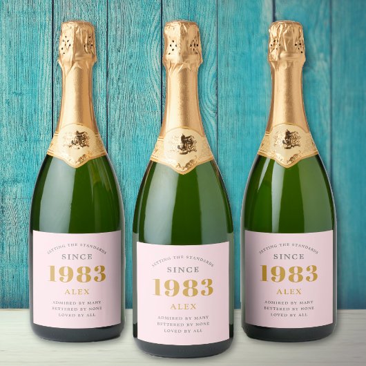 40th Birthday Name 1983 Pink Grey Elegant Chic Sparkling Wijnetiket