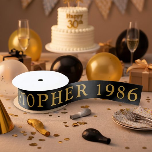40th Birthday Name 1986 Black Gold Elegant Chic Satijnen Lint