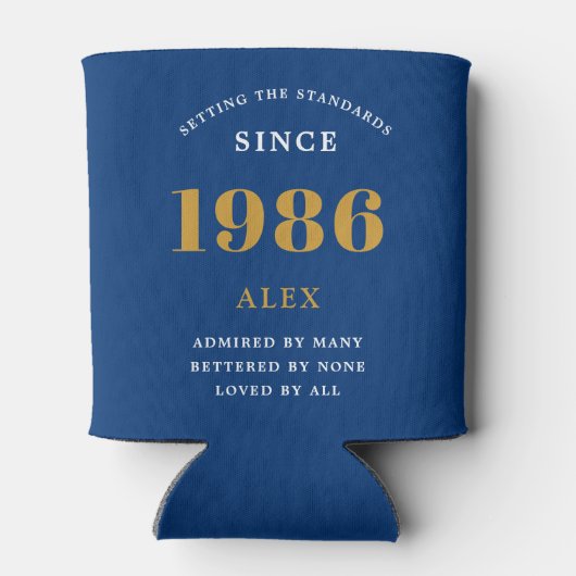 40th Birthday Name 1986 Blue Gold Elegant Chic Blikjeskoeler (Achterkant)