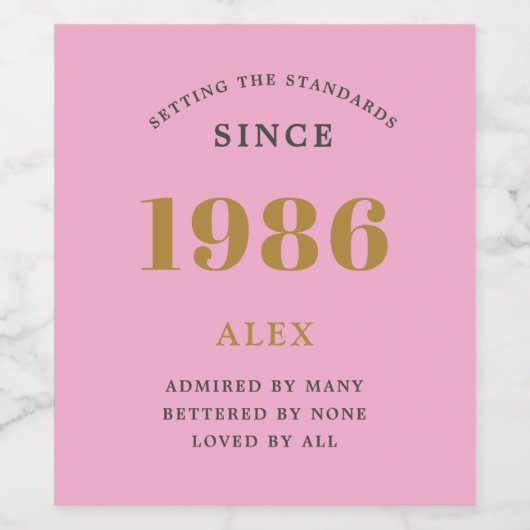 40th Birthday Name 1986 Pink Gold Elegant Chic Wijn Etiket (Enkel label)