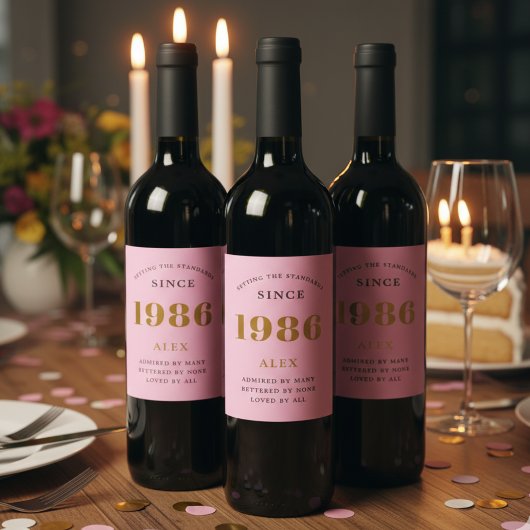 40th Birthday Name 1986 Pink Gold Elegant Chic Wijn Etiket