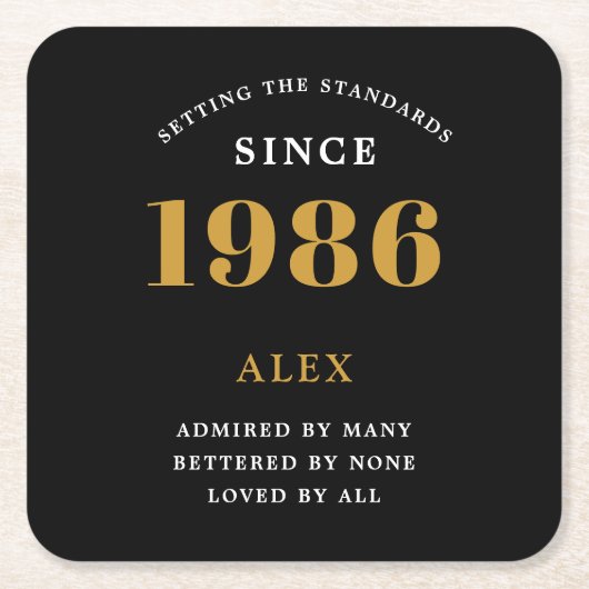 40th Birthday Name 1986 Year Black Gold Custom Kartonnen Onderzetters (Voorkant)