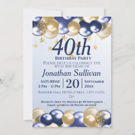 40th Birthday Navy Gold Balloons Party Kaart