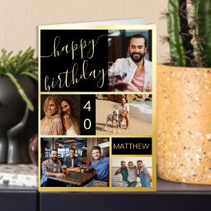 40th Birthday or Any Age 5 Photo Black and Gold Folie Wenskaart