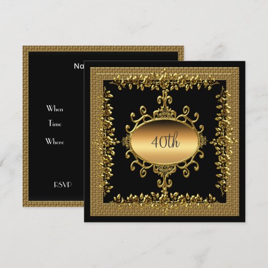 40th Birthday Party Black Gold Invitation Kaart (Voorkant / Achterkant)