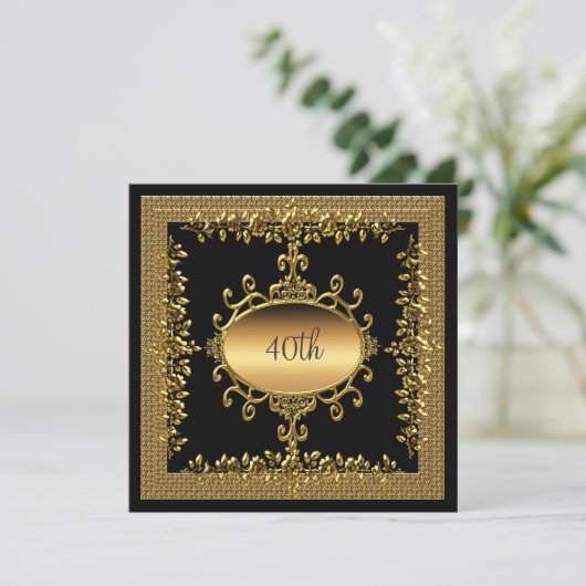 40th Birthday Party Black Gold Invitation Kaart (Staand voorkant)