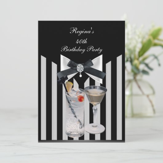 40th Birthday Party Black White stripe Bow stropda Kaart (Staand voorkant)