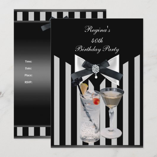 40th Birthday Party Black White stripe Bow stropda Kaart (Voorkant / Achterkant)