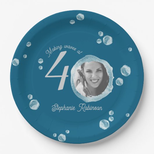 40th Birthday Party Bubble Twilight Blue Papieren Bordje (Voorkant)