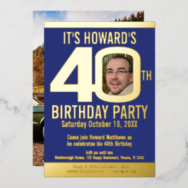 40th Birthday party dark blue gold foil photo Folie Uitnodiging