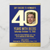 40th Birthday party dark blue gold foil photobeer Folie Uitnodiging (Voorkant)