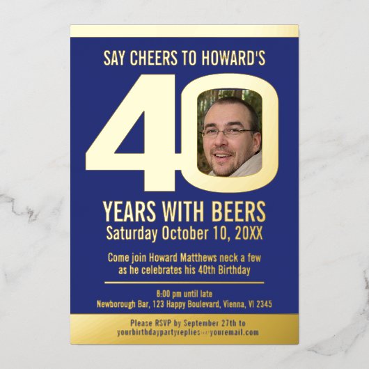 40th Birthday party dark blue gold foil photobeer Folie Uitnodiging (Voorkant)