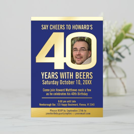 40th Birthday party dark blue gold foil photobeer Folie Uitnodiging (Staand Voorkant)