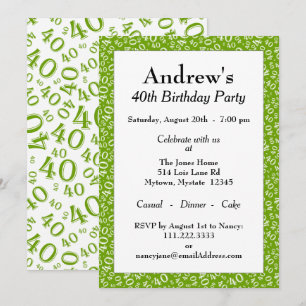 40th Birthday Party, Green/White Number Pattern Kaart