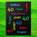 40th Birthday Party Guest Book, Repat Name Black Notitieboek<br><div class="desc">Wat een prachtig, gepersonaliseerd spiraalvormig notitieboek Gastboek voor een 40e verjaardag of een andere gelegenheid. Op de omslag, herhalen de Naam en de Leeftijd in verschillende doopvonten en primaire kleuren op een zwarte achtergrond. Gemakkelijk om te personaliseren - enkel de NAAM, de LEEFTIJD, en de OCCASIE van de VERANDERING op...</div>