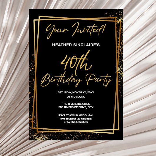 40th Birthday Party Invitation Gold and Black Kaart
