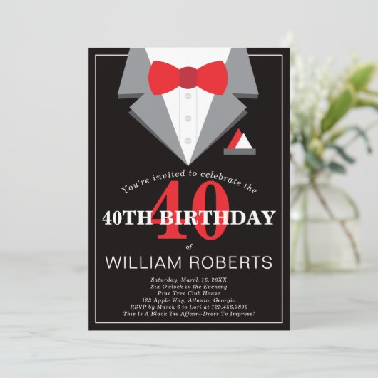 40th Birthday Party Invitation, Tuxedo Kaart (Staand voorkant)