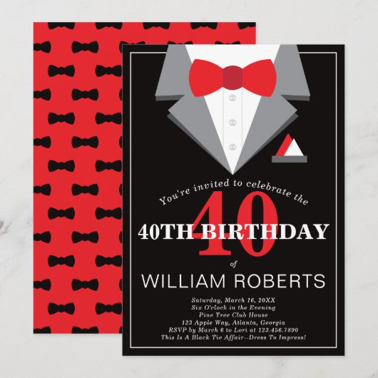 40th Birthday Party Invitation, Tuxedo Kaart (Voorkant / Achterkant)