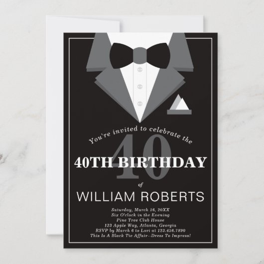 40th Birthday Party Invitation, Tuxedo Kaart (Voorkant)