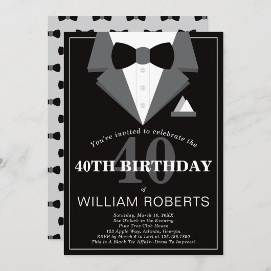 40th Birthday Party Invitation, Tuxedo Kaart (Voorkant / Achterkant)
