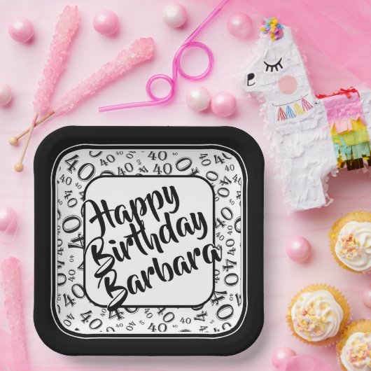 40th Birthday Party Number Pattern Black/White Papieren Bordje (Feest)