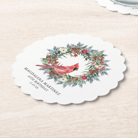 40th Birthday Party Red Cardinal Wreath Custom Kartonnen Onderzetters (Gekanteld)
