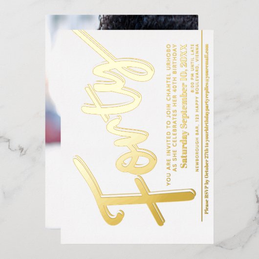 40th Birthday party white met gouden script Folie Uitnodiging (Voorkant / Achterkant)
