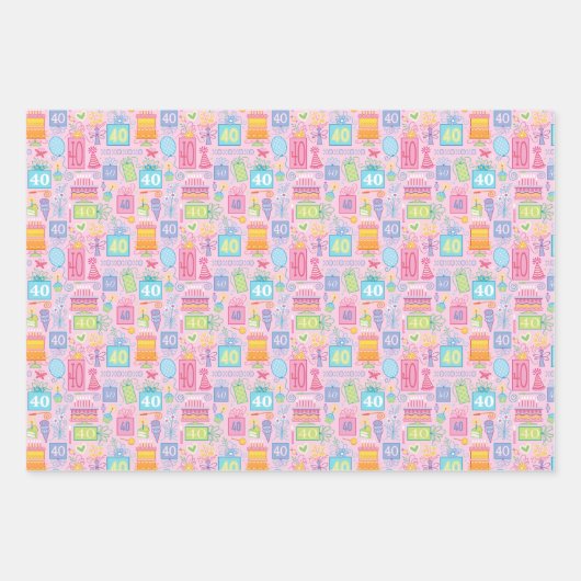 40th Birthday Pastel Roze Cake Cadeaus Ballonnen Inpakpapier Vel (Voorkant 2)