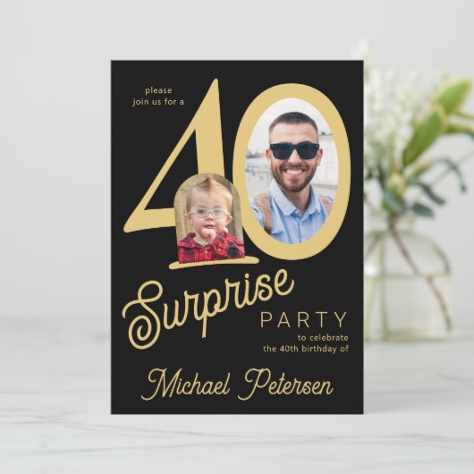 40th birthday photo black gold 40 years party kaart (Staand voorkant)
