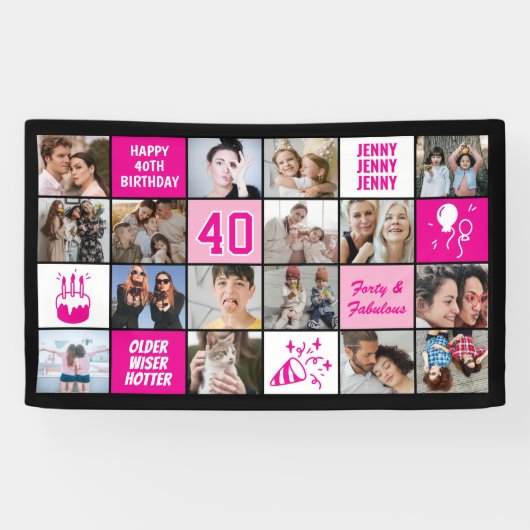 40th Birthday Photo Collage Custom Pink Black Spandoek (Horizontaal)